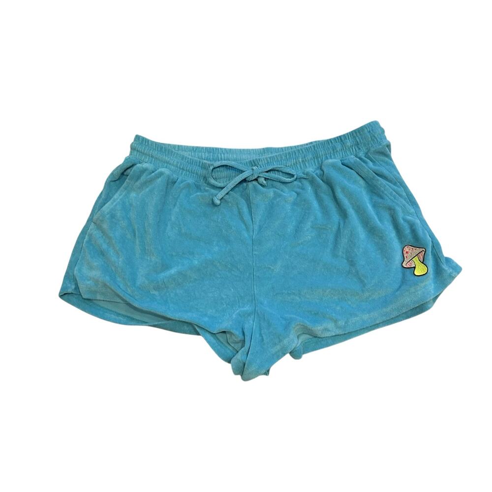 Fabletics Teal Terry Cloth Mini Shorts Mushroom Patch Coquette 1X - Picture 2 of 16